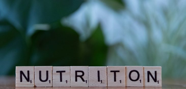 A wooden block spelling nutrition on a table
